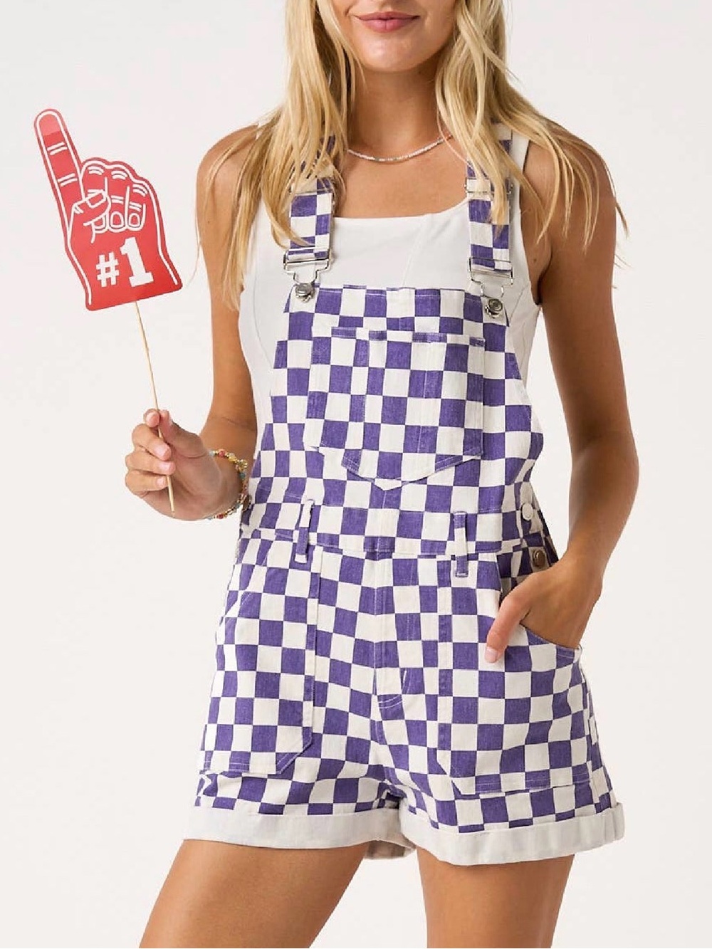 mittoshop Purple and White Checker Short Overalls